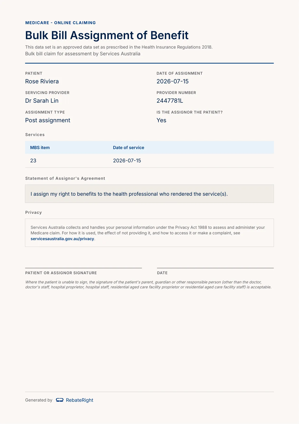 A rendered post-assignment Bulk Bill Assignment of Benefit agreement in the general format: assignment type Post assignment, the MBS item number with its date, a past-tense assignor's statement, the Services Australia privacy notice, and a signature line.