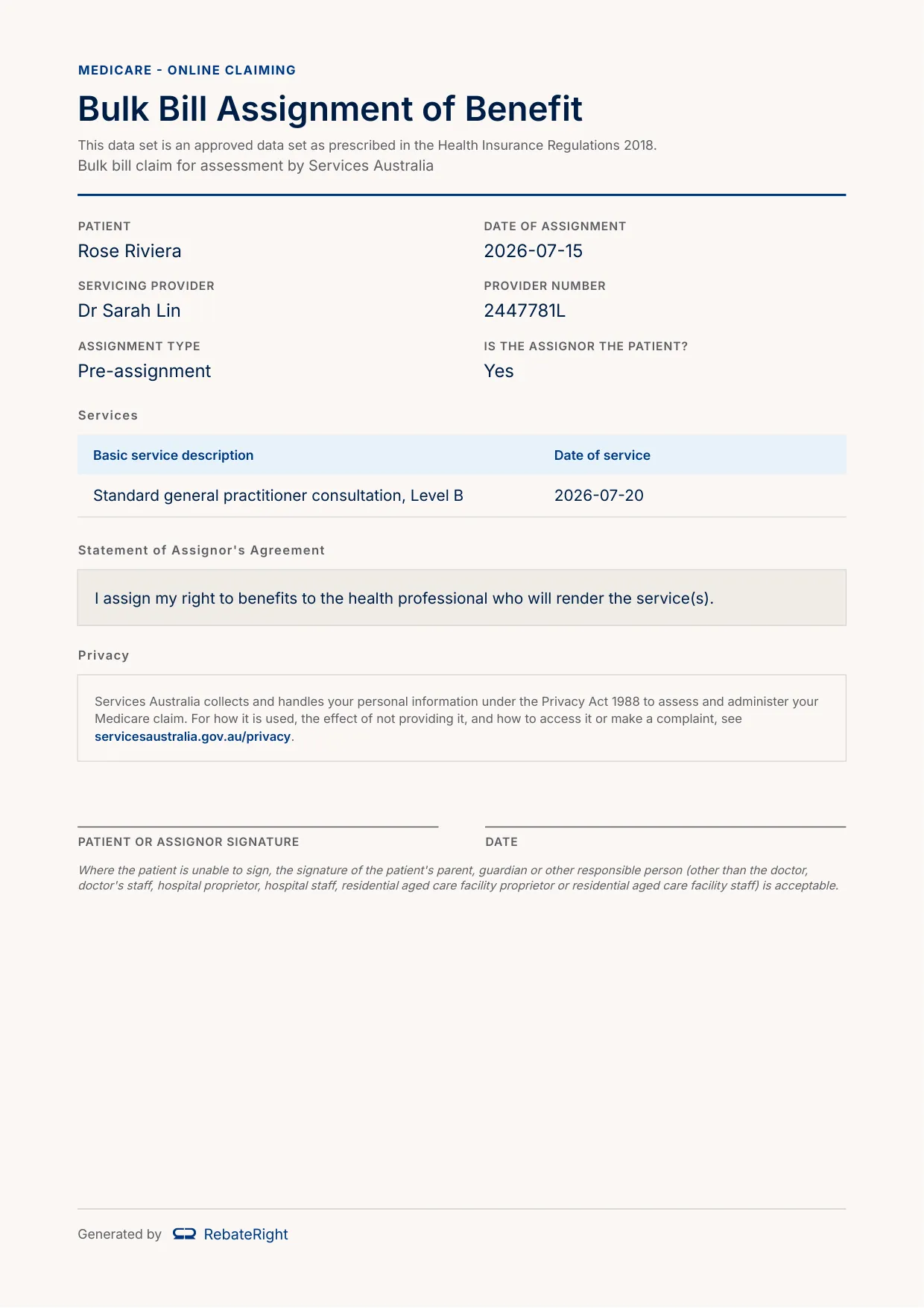A rendered pre-assignment Bulk Bill Assignment of Benefit agreement in the general format: assignment type Pre-assignment, the service shown by description with its date, a future-tense assignor's statement, the Services Australia privacy notice, and a signature line.